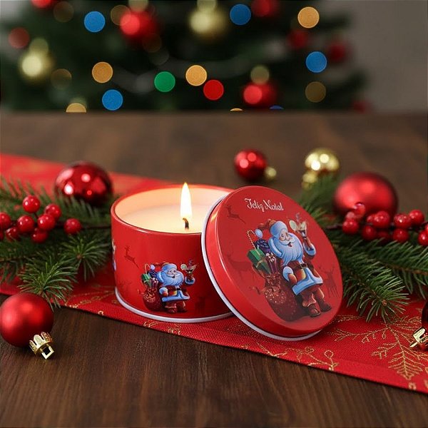 Vela Aromática De Natal - Lata Metálica Papai Noel com Drink - 50g - 1 unidade - Rizzo