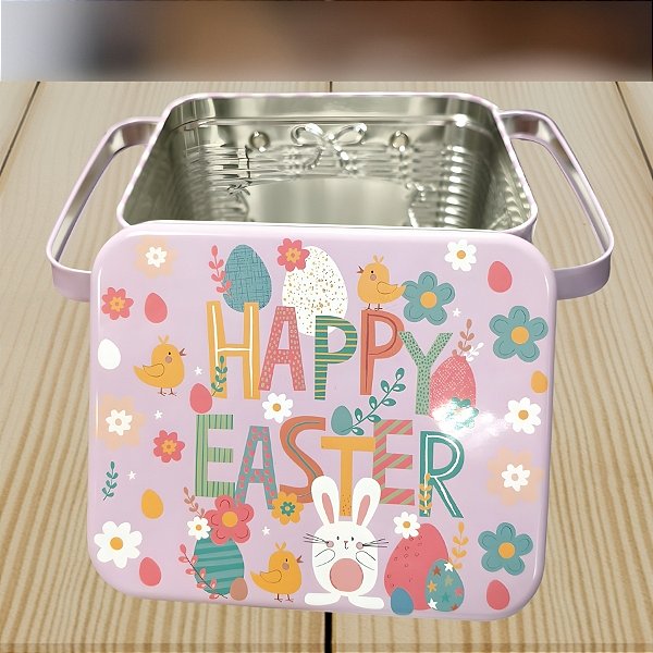 Lata de Metal Retangular com Alça Dupla de Páscoa - Feliz Páscoa - 15,3x12,7x10,6cm - 1 unidade - Rizzo - Rizzo