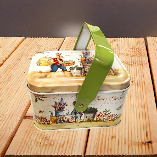 Lata de Metal Retangular com Alça de Páscoa - Coelho em Jardim de Páscoa - 10,5x8x6cm  - 1 unidade - Rizzo - Rizzo
