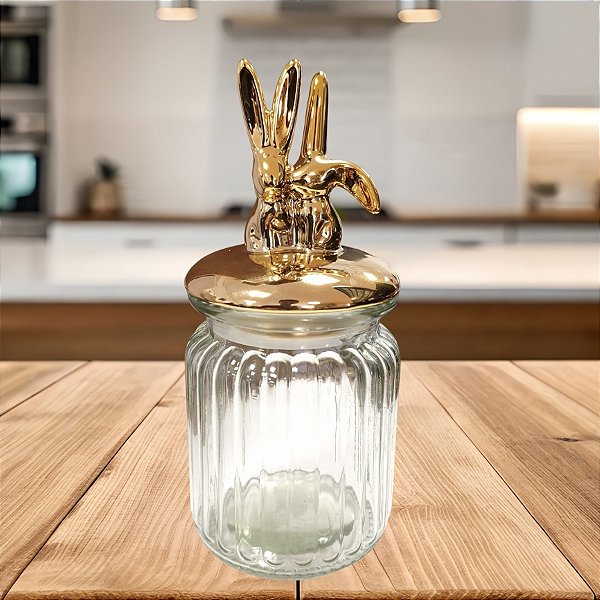 Pote Decorativo de Vidro - Coelhos Dourados - 7,5x16,5cm - 1 unidade - Rizzo - Rizzo