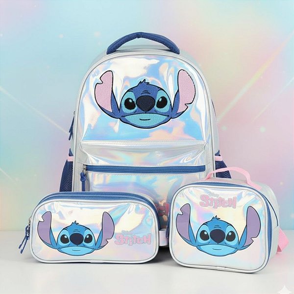 Conjunto Mochila, Estojo e Lancheira - Stitch Holográfico - 1 unidade - Disney Original - Rizzo