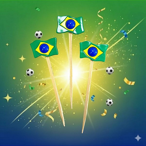 Pick Decorativo Para Doces - Bandeira do Brasil - Copa do Mundo - 10cm - 10 unidades - Rizzo