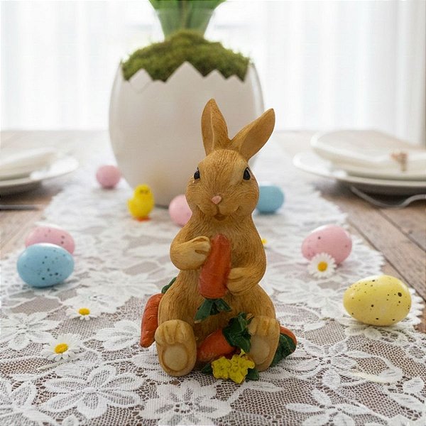 Enfeite Decorativo de Páscoa em Resina - Coelhinho Segurando Cenoura - 8x3cm - 1 unidade - Rizzo