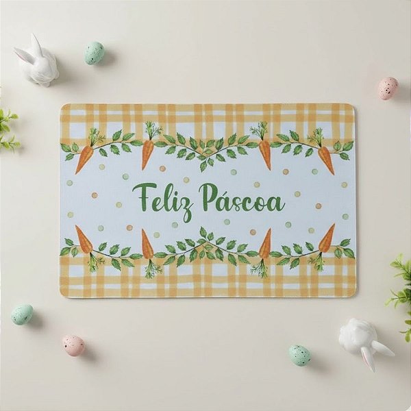 Jogo Americano Retangular de Páscoa - Xadrez Laranja com Cenourinhas - Feliz Páscoa - 28x43cm - 1 unidade - Rizzo