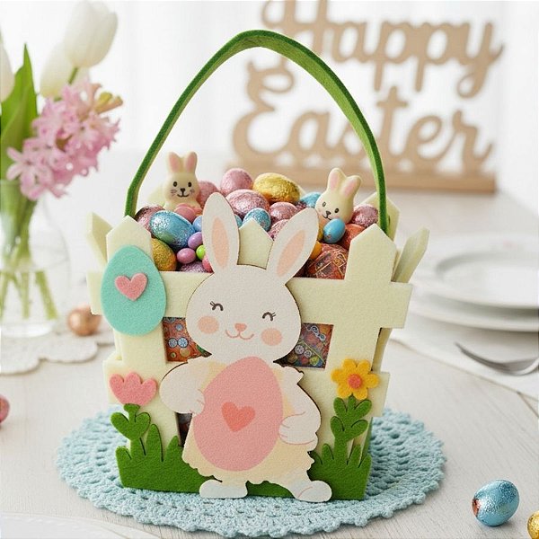 Cesta em Feltro de Páscoa - Coelhinha com Ovo - 12x10,5cm  - 1 unidade - Rizzo