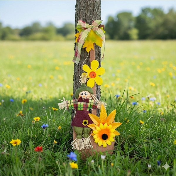 Enfeite Decorativo de Festa Junina Vaso com Espantalho - Marrom - 43,5x13cm - 1 unidade - Partiufesta - Rizzo