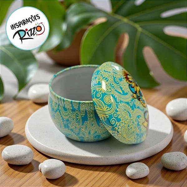 Lata De Metal Estampa De Mandala - Azul e Amarelo - 7x7x4cm - 130ml - 1 unidade - Rizzo