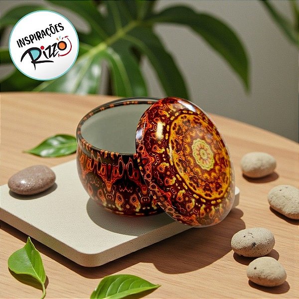 Lata De Metal Estampa De Mandala - Preto, Amarelo e Vermelho - 7x7x4cm - 130ml - 1 unidade - Rizzo