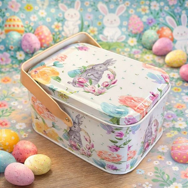 Lata de Metal Retangular com Alça de Páscoa - Coelho Cinza e Flores Coloridas - 10,5x8x6cm - 1 unidade - Rizzo