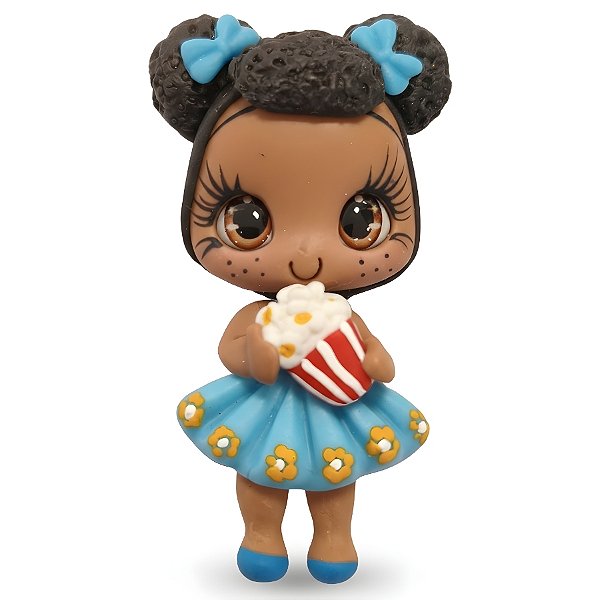 Boneca Caipira Menina em Biscuit - Vestido Azul com Pipoca - 7cm - 1 unidade - Rizzo
