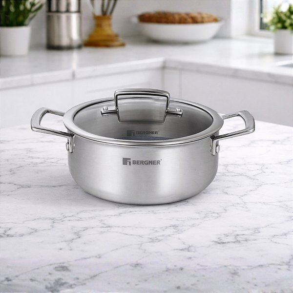 Caçarola em Aço Inox Antiaderente com Tampa de Vidro - Parede Tripla - Linha Steel Blue - 2,2L - 1 unidade - Cromus - Ri