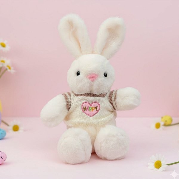 Coelho de Pelúcia Branco com Blusa Happy - Branco e Rosa - 38,5x24x14cm - 1 unidade - Rizzo