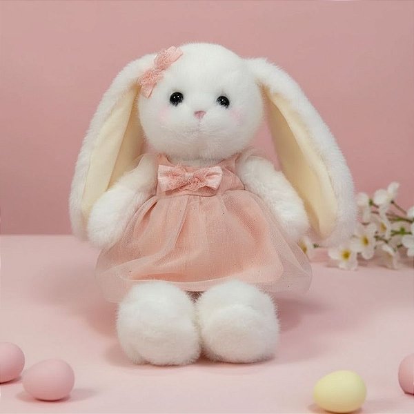 Coelho de Pelúcia Branco de Vestido - Rosa - 36x21x9cm - 1 unidade - Rizzo