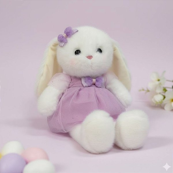 Coelho de Pelúcia Branco de Vestido - Roxo - 36x21x9cm - 1 unidade - Rizzo