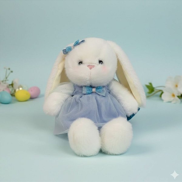Coelho de Pelúcia Branco de Vestido - Azul - 36x21x9cm - 1 unidade - Rizzo