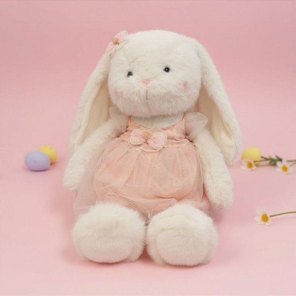 Coelho de Pelúcia Branco de Vestido - Rosa - 62x30x17cm - 1 unidade - Rizzo