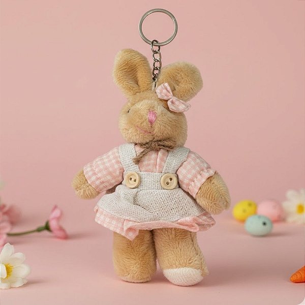 Chaveiro Coelho de Pelúcia Bege de Vestido Xadrez - Rosa - 14x7x3cm - 1 unidade - Rizzo