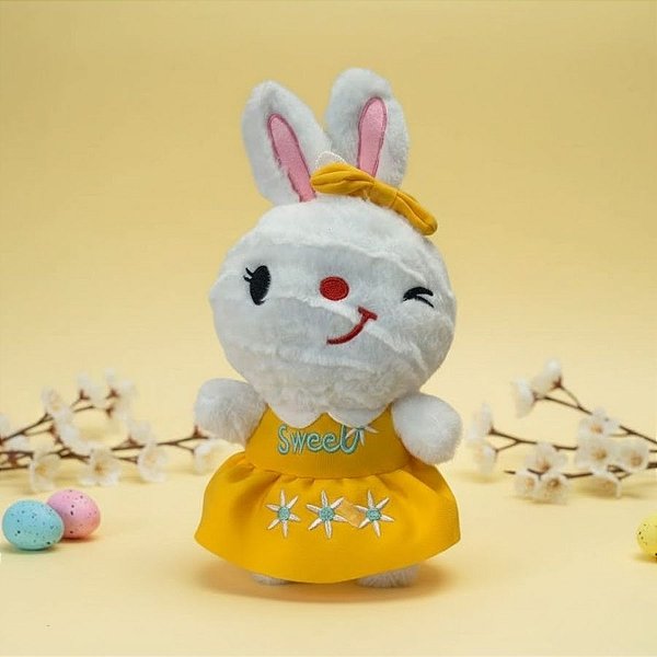 Coelho de Pelúcia Branco de Vestido Sweet - Amarelo - 26,5x13x7,5cm - 1 unidade - Rizzo