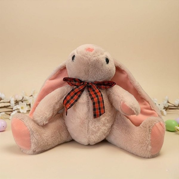 Coelho de Pelúcia Rosa Sentado com Laço Xadrez - Vermelho - 19,5x26,5x16cm - 1 unidade - Rizzo
