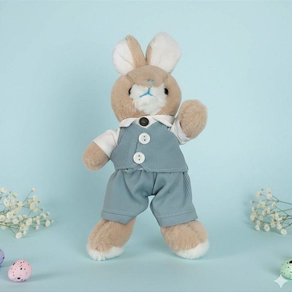 Coelho de Pelúcia Bege de Blazer - Azul e Branco - 17,5x12x7,5cm - 1 unidade - Rizzo