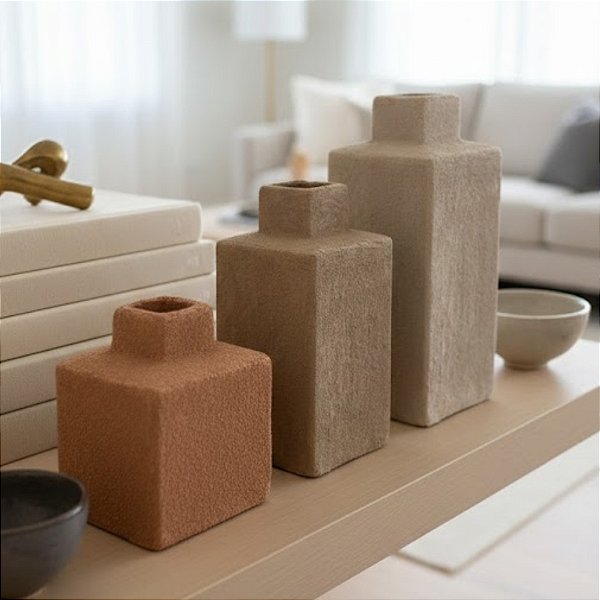 Kit Vasos Decorativos de Cerâmica - Ocre, Areia e Off-white  - 3 peças - 18x12,5x10cm - 1 unidade - Cromus - Rizzo