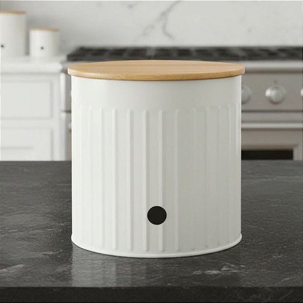 Pote Organizador de Metal com Tampa de Bambu - Bege - 13x13x13cm - 1 unidade - Cromus - Rizzo