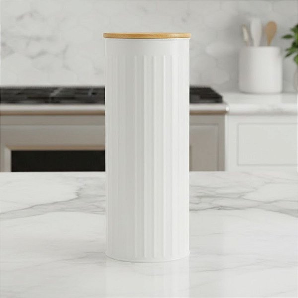 Pote Organizador de Metal com Tampa de Bambu - Bege - 28x11x11cm - 1 unidade - Cromus - Rizzo