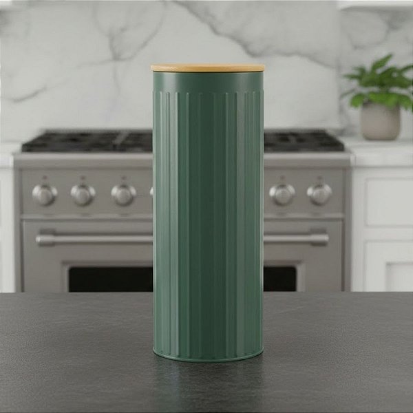 Pote Organizador de Metal com Tampa de Bambu - Verde - 28x11x11cm - 1 unidade - Cromus - Rizzo
