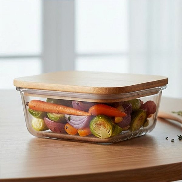 Pote de Vidro Borosilicato Hermético com Tampa de Bambu - 15x15x6,5cm - 1,15L - 1 unidade - Cromus - Rizzo