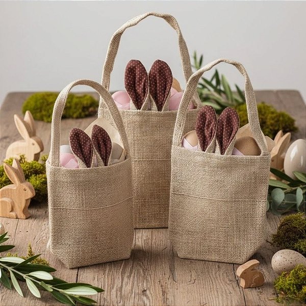 Sacola de Juta de Páscoa com Orelha Marrom Poá Rosa - 1 unidade - EcoArt  - Rizzo