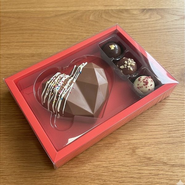 Caixa Meio Ovo Coração Plano com 3 Docinhos - Vermelho - 16x22,5cm - 5 unidades - Rizzo