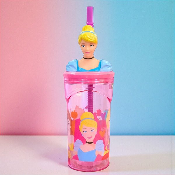 Copo com Tampa e Canudo - Cinderela 3D - 360ml - Disney Original - 1 unidade - Rizzo