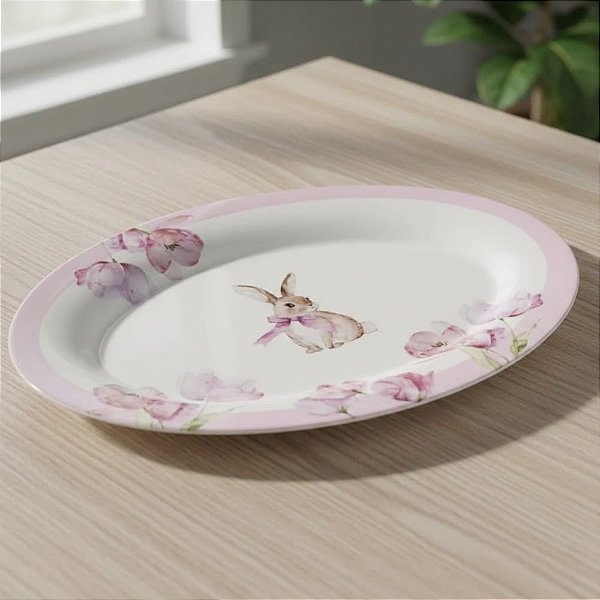 Bandeja de Páscoa em Melamina - Coelho com Flores - 35x25,5x2cm - 1 unidade - Cromus - Rizzo