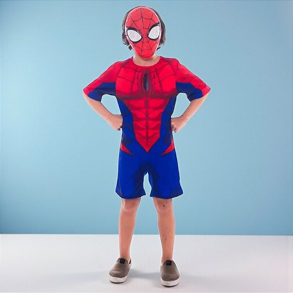 Fantasia Infantil Homem Aranha - Macacão Curto e Máscara - M de 6 a 8 anos - Disney Original - 1 unidade - Rizzo