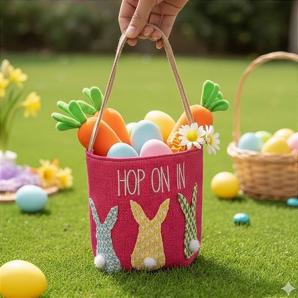 Cesta Decorativa de Páscoa - Hop On In Rosa - 14,5x13x13cm - 1 unidade - Rizzo