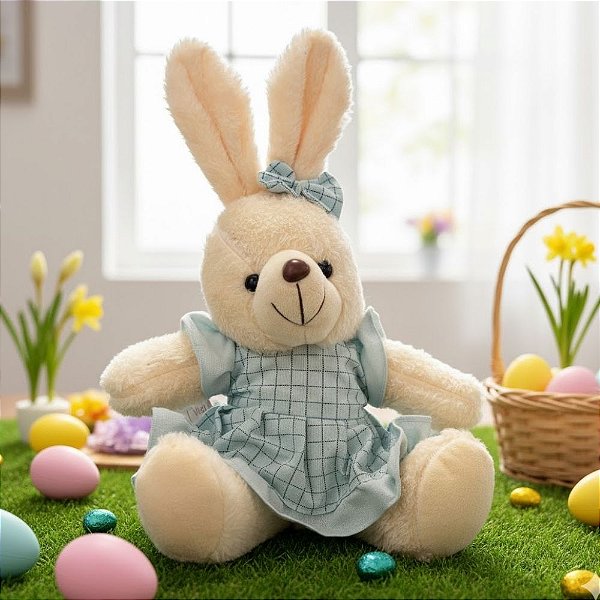 Coelha de Pelúcia de Vestido e Laço Azul Xadrez - 31x23x19cm - 1 unidade - Cromus - Rizzo