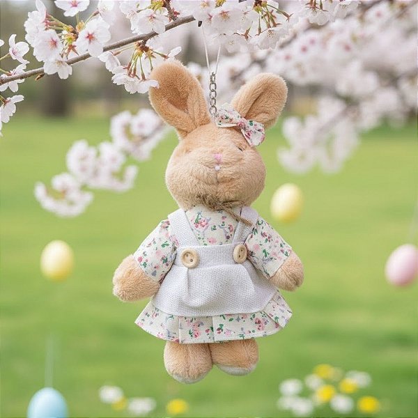 Mini Coelha Para Pendurar Bege - Vestido Florido - 20cm - 1 unidade - Rizzo