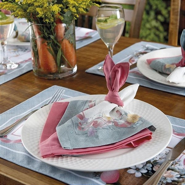 Guardanapo de Tecido de Páscoa com Porta Guardanapo - Orelhinhas Dupla Face - Rosa e Tiffany - 40x40cm - 2un - Rizzo