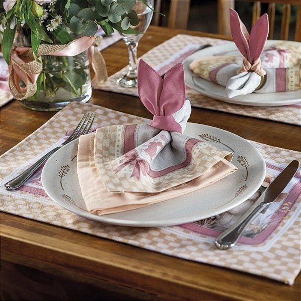 Guardanapo de Tecido de Páscoa com Porta Guardanapo - Orelhinhas Dupla Face Rosa - Tons Pastéis - 40x40cm - 2un - Rizzo