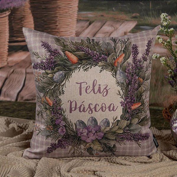 Capa para Almofada de Páscoa Premium - Guirlanda de Lavandas Feliz Páscoa - Xadrez Lilás - 43x43cm - 1 unidade - Rizzo