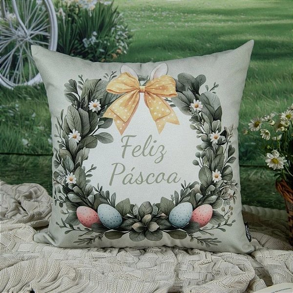 Capa para Almofada de Páscoa Premium - Guirlanda de Folhas Feliz Páscoa - Verde Pastel - 43x43cm - 1 unidade - Rizzo