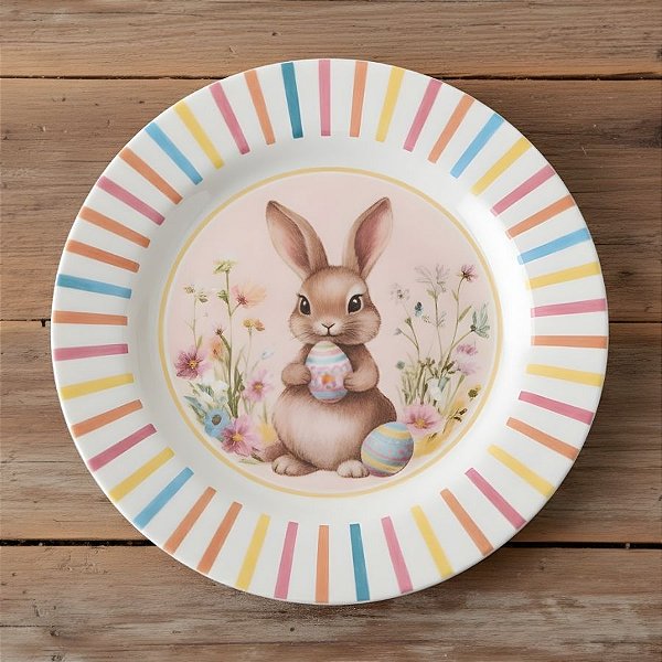 Prato de Sobremesa de Páscoa em Melamina - Coelho com Ovo - 17x17cm - 1 unidade - Rizzo