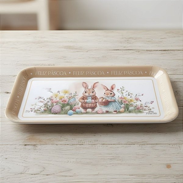 Bandeja de Pásoca em Melamina - Casal de Coelhos com Cesta de Ovos - 30x16,5x2cm - 1 unidade - Rizzo