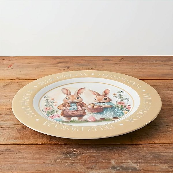 Prato de Sobremesa de Páscoa em Melamina - Casal de Coelhos com Cesta de Ovos - 20x20cm - 1 unidade - Rizzo