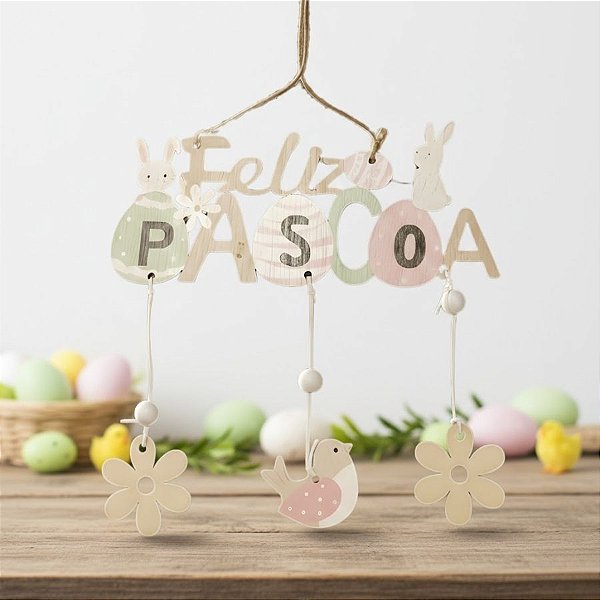 Enfeite Para Pendurar de Páscoa - Feliz Páscoa Verde e Rosa - 18x8cm - 1 unidade - Rizzo