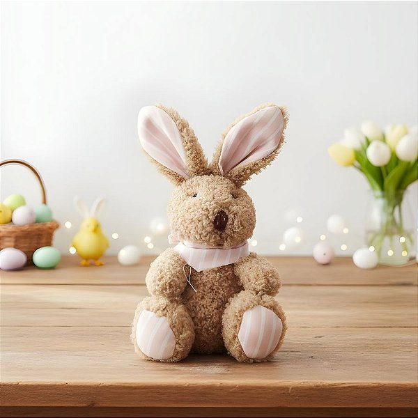 Enfeite Decorativo de Páscoa - Coelho com Laço Rosa e Branco - 9cm - 1 unidade - Rizzo