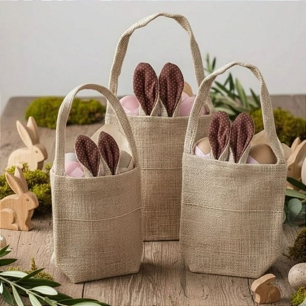 Sacola de Juta de Páscoa com Orelha Marrom Poá Branco - 1 unidade - EcoArt - Rizzo