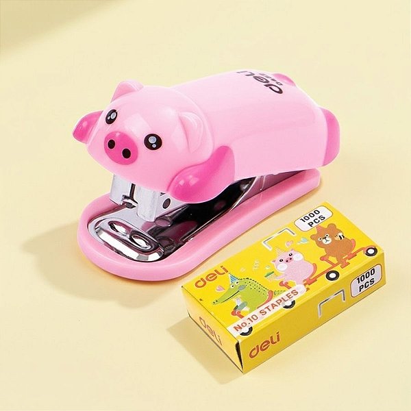 Grampeador Mini Bichinhos com 1000 Grampos - Porquinho - Rosa - 6x3,5cm - 1 unidade - Deli - Rizzo