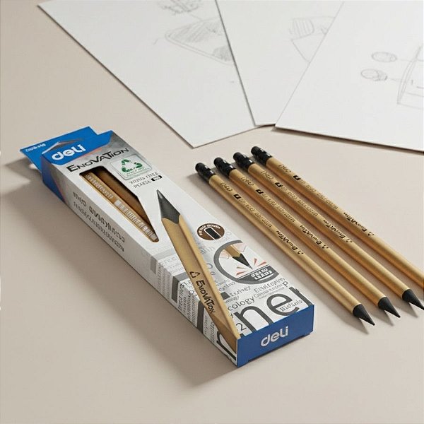 Lápis Grafite HB Enovation Wood Free com Borracha - Dourado - Caixa - 12 unidades - Deli - Rizzo