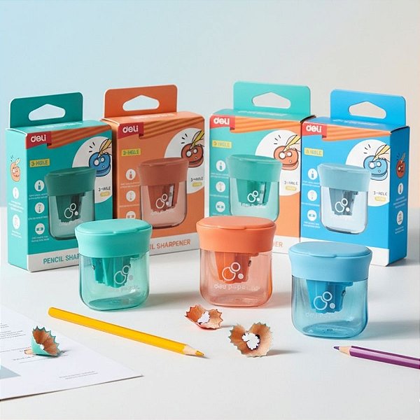 Apontador 3 Furos com Reservatório - 5x5cm - 12 unidades - Deli - Rizzo